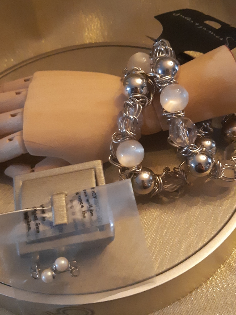 Silver and White Bead Link Bracelet With Pearl Earring Set for Women